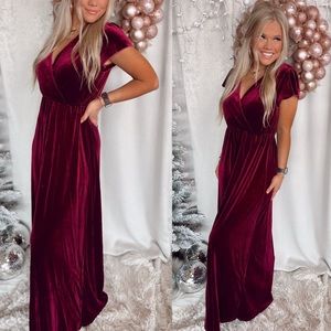 Dresses | Red Velvet Maxi Dress Flutter Sleeve Formal V Neck Gown ...